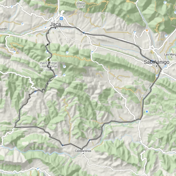 Miniatura della mappa di ispirazione al ciclismo "Giro in bicicletta da Sabiñánigo" nella regione di Aragón, Spain. Generata da Tarmacs.app, pianificatore di rotte ciclistiche