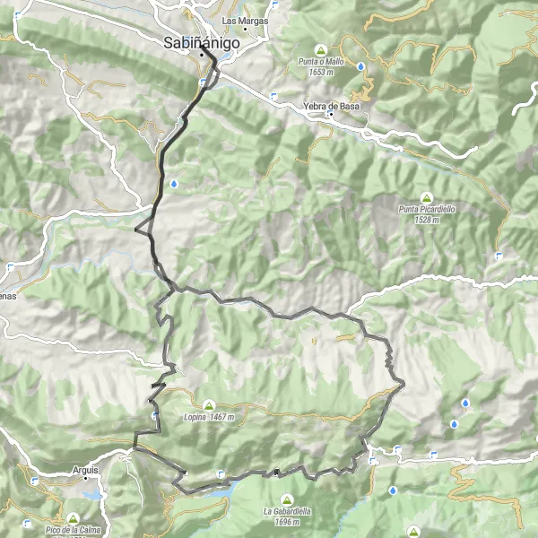 Miniature de la carte de l'inspiration cycliste "Parcours cycliste exigeant à travers les montagnes près de Sabiñánigo" dans la Aragón, Spain. Générée par le planificateur d'itinéraire cycliste Tarmacs.app