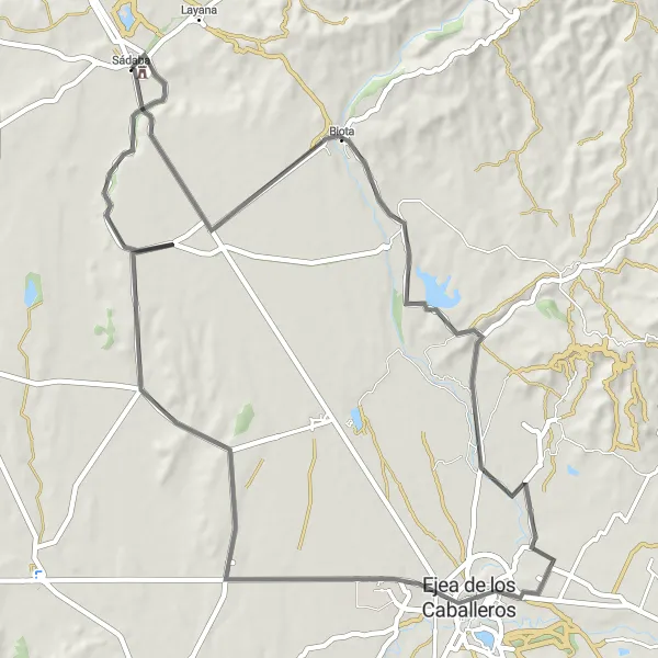 Miniatura della mappa di ispirazione al ciclismo "Viaggio enogastronomico da Sádaba al Mausoleo di Sádaba" nella regione di Aragón, Spain. Generata da Tarmacs.app, pianificatore di rotte ciclistiche