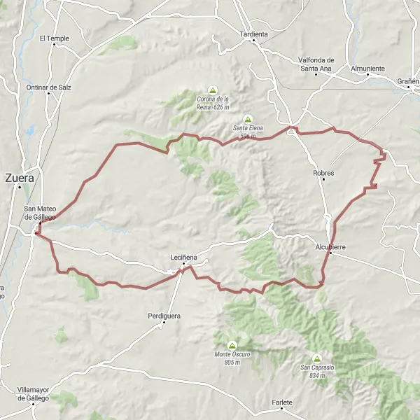 Miniatura della mappa di ispirazione al ciclismo "Itinerario Vedado-Alcubierre-El Macerado-Leciñena" nella regione di Aragón, Spain. Generata da Tarmacs.app, pianificatore di rotte ciclistiche