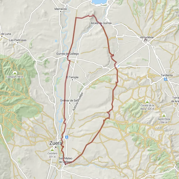 Miniatura della mappa di ispirazione al ciclismo "Gurrea de Gállego-Alcalá de Gurrea-San Mateo de Gállego" nella regione di Aragón, Spain. Generata da Tarmacs.app, pianificatore di rotte ciclistiche