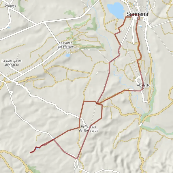 Miniaturní mapa "Gravelová cyklotrasa okolo Sariñeny" inspirace pro cyklisty v oblasti Aragón, Spain. Vytvořeno pomocí plánovače tras Tarmacs.app