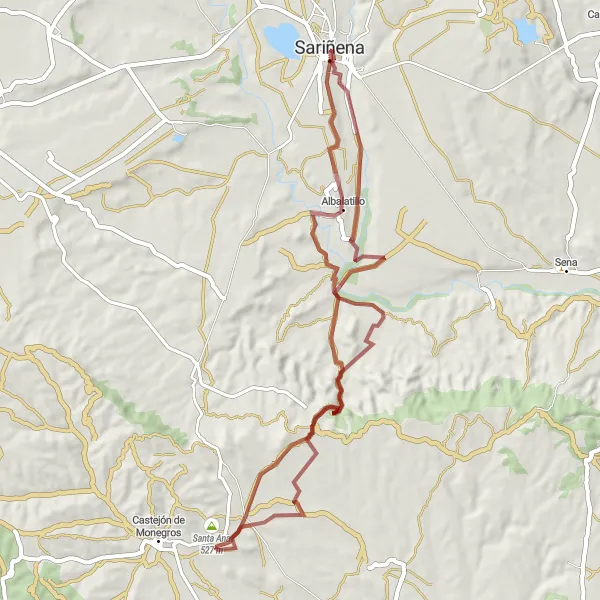 Miniature de la carte de l'inspiration cycliste "Sur les chemins de Santa Ana" dans la Aragón, Spain. Générée par le planificateur d'itinéraire cycliste Tarmacs.app