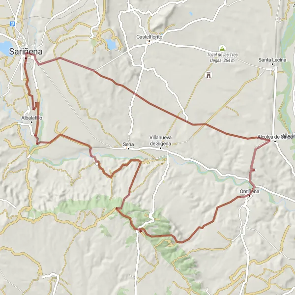 Miniatuurkaart van de fietsinspiratie "Gravelroute rondom Sariñena" in Aragón, Spain. Gemaakt door de Tarmacs.app fietsrouteplanner