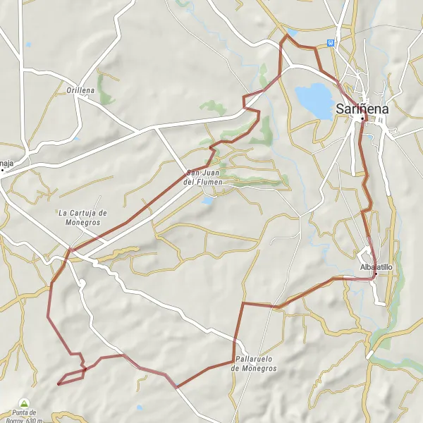 Miniatura della mappa di ispirazione al ciclismo "Percorso ciclistico tra Sariñena e Pallaruelo de Monegros" nella regione di Aragón, Spain. Generata da Tarmacs.app, pianificatore di rotte ciclistiche