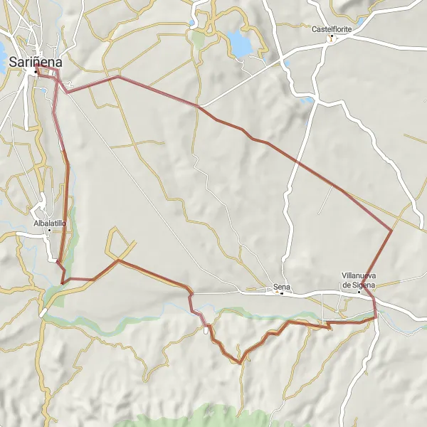 Miniatura della mappa di ispirazione al ciclismo "Giro in bicicletta tra Sariñena e Albalatillo" nella regione di Aragón, Spain. Generata da Tarmacs.app, pianificatore di rotte ciclistiche