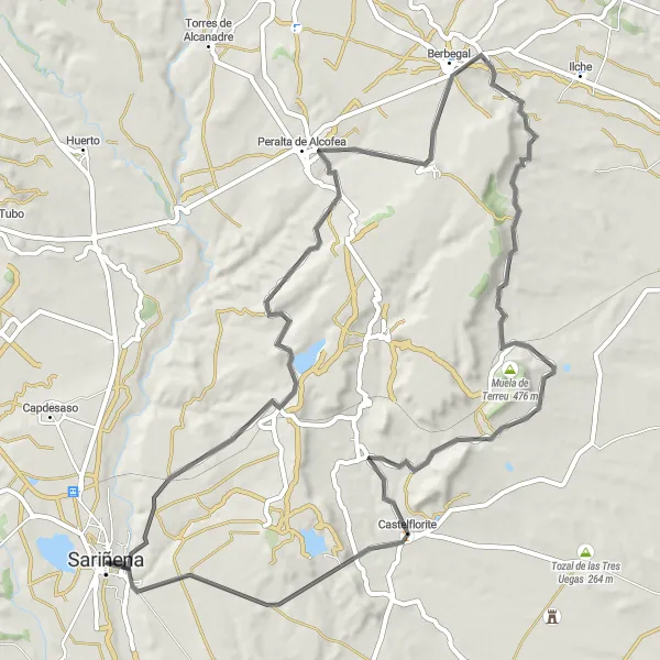 Miniaturní mapa "Road Route to Castelflorite archaeological excavation" inspirace pro cyklisty v oblasti Aragón, Spain. Vytvořeno pomocí plánovače tras Tarmacs.app