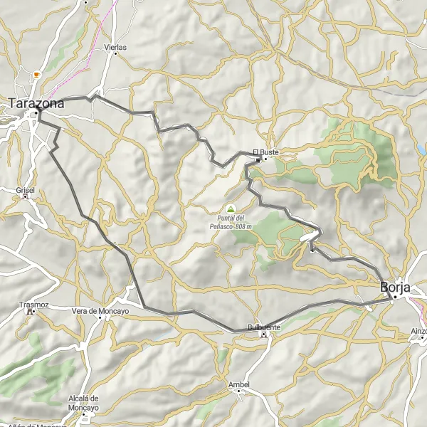 Miniatura della mappa di ispirazione al ciclismo "Pellegrinaggio ciclistico al Santuario di Misericordia" nella regione di Aragón, Spain. Generata da Tarmacs.app, pianificatore di rotte ciclistiche