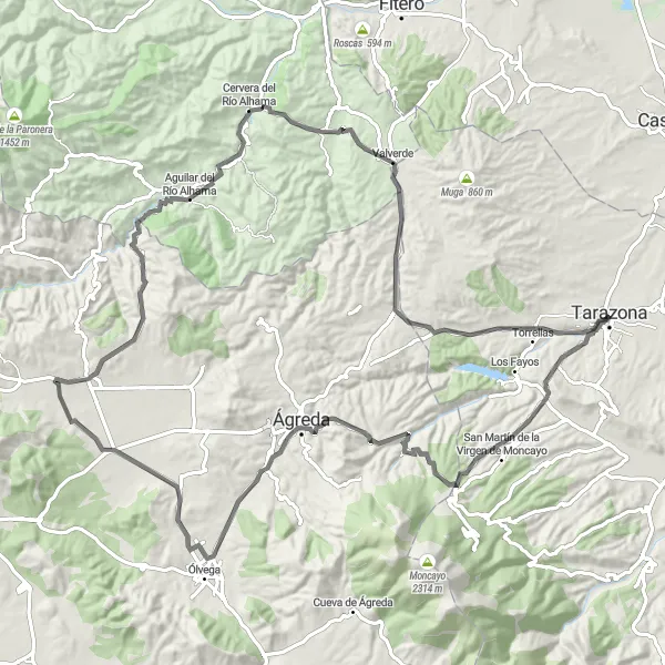 Map miniature of "Tarazona and Surroundings" cycling inspiration in Aragón, Spain. Generated by Tarmacs.app cycling route planner