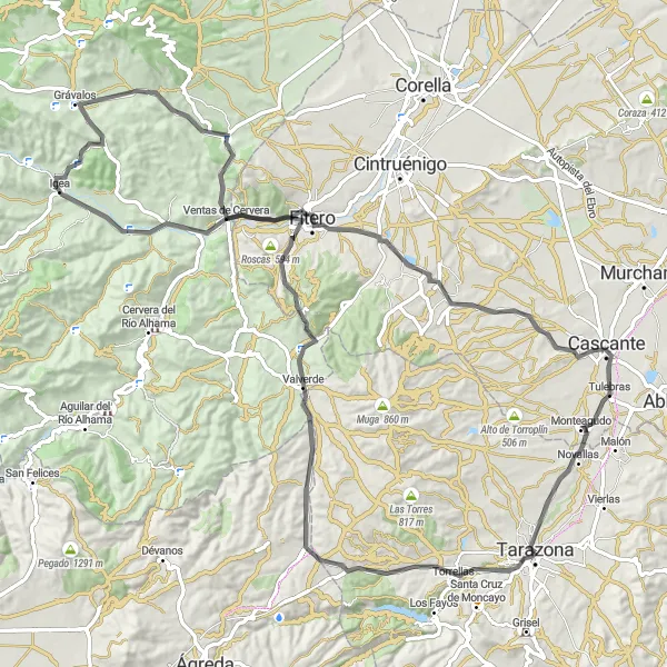 Map miniature of "Tarazona to Tórtoles Road Cycling Route" cycling inspiration in Aragón, Spain. Generated by Tarmacs.app cycling route planner