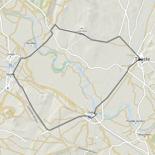 Miniatura della mappa di ispirazione al ciclismo "Giro in bicicletta verso Gallur e Mallén" nella regione di Aragón, Spain. Generata da Tarmacs.app, pianificatore di rotte ciclistiche