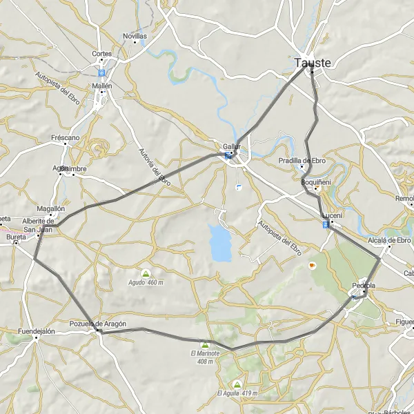 Miniatura della mappa di ispirazione al ciclismo "Esplorazione ciclistica tra Luceni e Tauste" nella regione di Aragón, Spain. Generata da Tarmacs.app, pianificatore di rotte ciclistiche