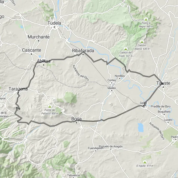 Miniatua del mapa de inspiración ciclista "Ruta de ciclismo de 110 km desde Tauste hasta Ribaforada" en Aragón, Spain. Generado por Tarmacs.app planificador de rutas ciclistas