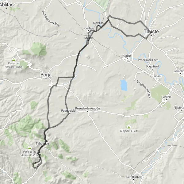 Karten-Miniaturansicht der Radinspiration "Die historischen Dörfer entlang der Straße von Lomo Royo nach Novillas" in Aragón, Spain. Erstellt vom Tarmacs.app-Routenplaner für Radtouren