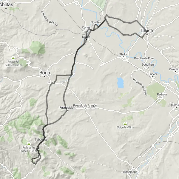 Miniatuurkaart van de fietsinspiratie "Wegrit Lomo Royo-Agón-Ainzón-El Calvario-Satamó-Tabuenca-Magallón-Novillas" in Aragón, Spain. Gemaakt door de Tarmacs.app fietsrouteplanner