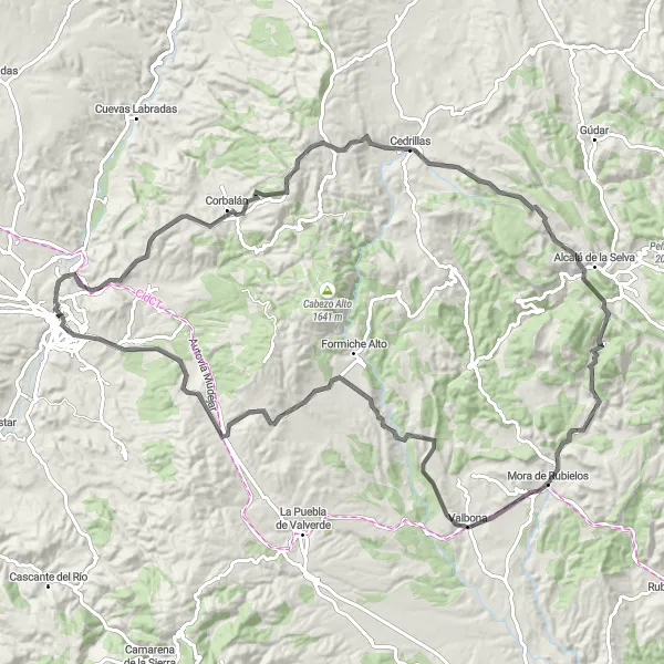 Miniatura della mappa di ispirazione al ciclismo "Avventura su strada tra Teruel e Puerto del Escandón" nella regione di Aragón, Spain. Generata da Tarmacs.app, pianificatore di rotte ciclistiche