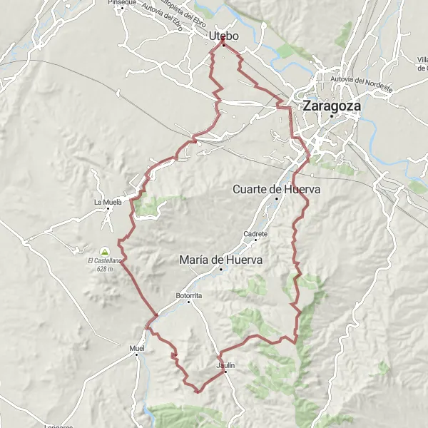 Miniatura della mappa di ispirazione al ciclismo "Esplorazione della Natura nei Dintorni di Utebo" nella regione di Aragón, Spain. Generata da Tarmacs.app, pianificatore di rotte ciclistiche