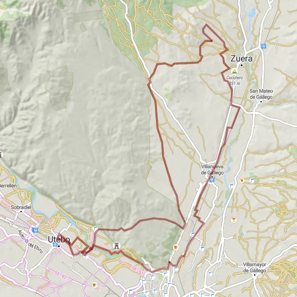 Miniatura della mappa di ispirazione al ciclismo "Avventura Gravel da Utebo a Juslibol" nella regione di Aragón, Spain. Generata da Tarmacs.app, pianificatore di rotte ciclistiche