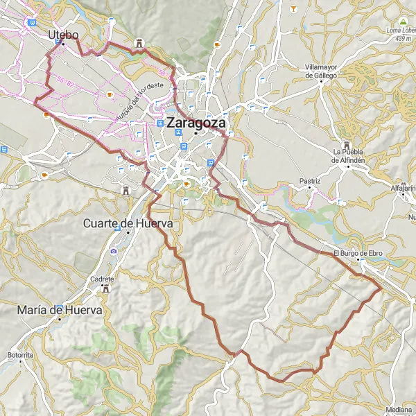 Miniatura della mappa di ispirazione al ciclismo "Giro in bicicletta tra Utebo e Atalaya" nella regione di Aragón, Spain. Generata da Tarmacs.app, pianificatore di rotte ciclistiche