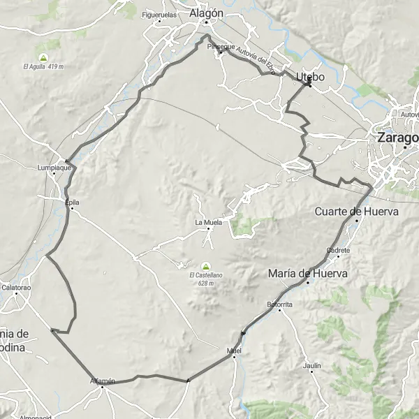 Map miniature of "The Roman Desert Loop" cycling inspiration in Aragón, Spain. Generated by Tarmacs.app cycling route planner