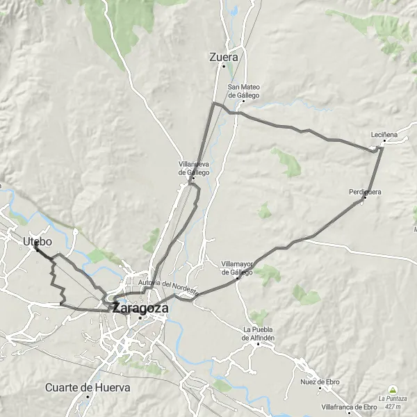 Miniatua del mapa de inspiración ciclista "Ruta en bicicleta de carretera desde Utebo hasta Monzalbarba" en Aragón, Spain. Generado por Tarmacs.app planificador de rutas ciclistas
