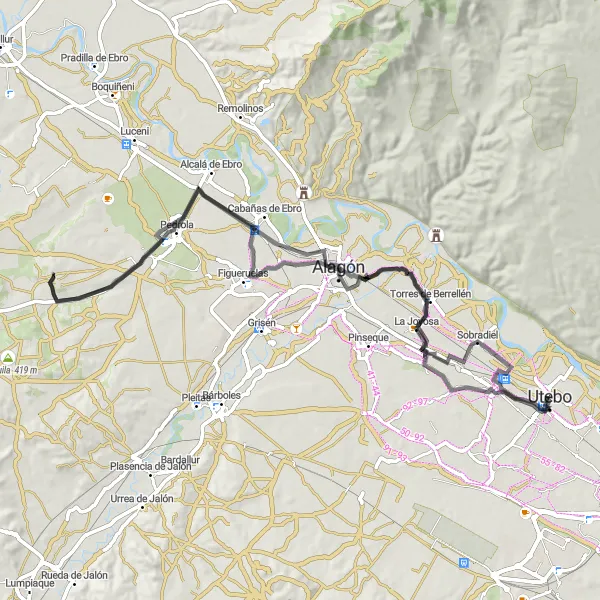 Miniatua del mapa de inspiración ciclista "Ruta en bicicleta de carretera desde Utebo hasta Pedrola" en Aragón, Spain. Generado por Tarmacs.app planificador de rutas ciclistas