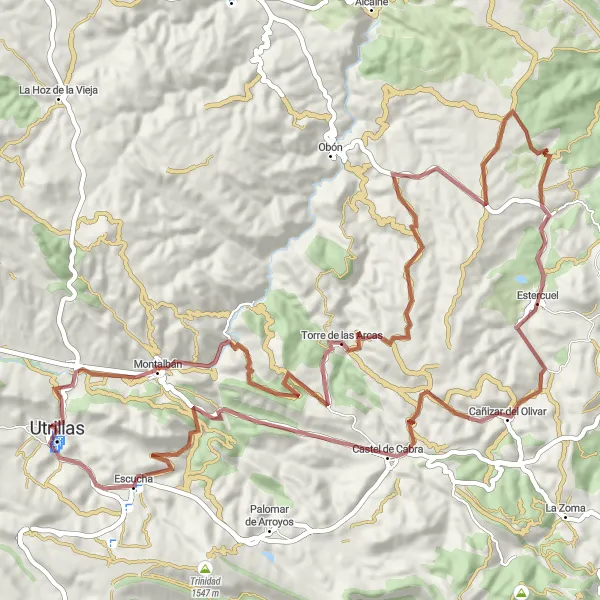 Miniature de la carte de l'inspiration cycliste "Aventure gravel dans la Sierra de Utrillas" dans la Aragón, Spain. Générée par le planificateur d'itinéraire cycliste Tarmacs.app