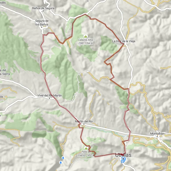 Miniatura della mappa di ispirazione al ciclismo "Giro in bici gravel intorno a Utrillas" nella regione di Aragón, Spain. Generata da Tarmacs.app, pianificatore di rotte ciclistiche