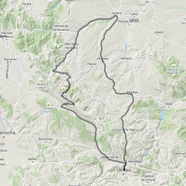 Miniatura della mappa di ispirazione al ciclismo "Giro delle Colline di Aragón" nella regione di Aragón, Spain. Generata da Tarmacs.app, pianificatore di rotte ciclistiche