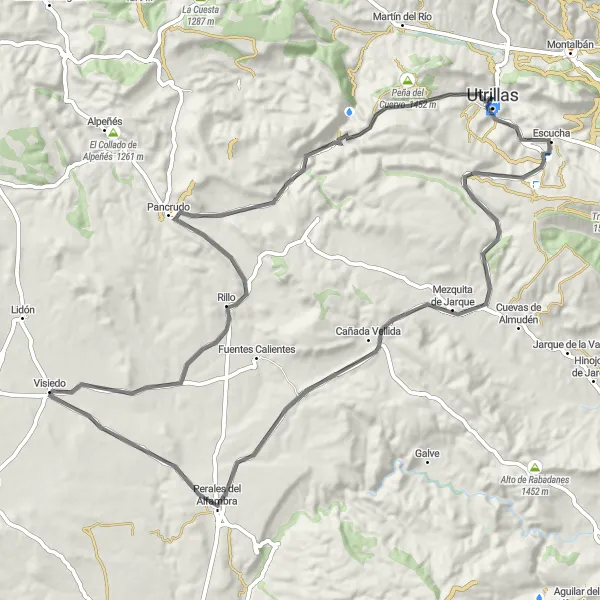 Miniatura della mappa di ispirazione al ciclismo "Giro in bicicletta da La Corona de Monroy a Las Parras de Martín" nella regione di Aragón, Spain. Generata da Tarmacs.app, pianificatore di rotte ciclistiche