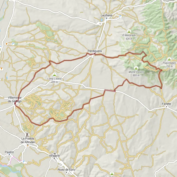 Miniatua del mapa de inspiración ciclista "Ruta de Grava Villamayor-Perdiguera-Suelta Alta" en Aragón, Spain. Generado por Tarmacs.app planificador de rutas ciclistas