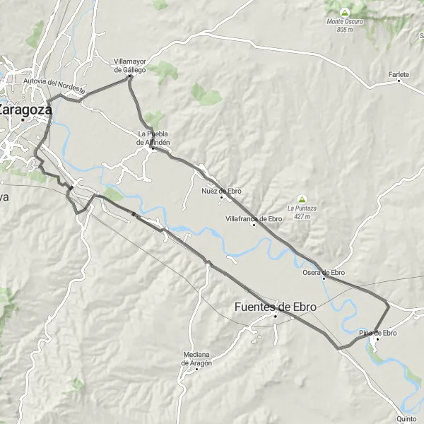 Miniatura della mappa di ispirazione al ciclismo "Itinerario tra le esclusas e i paesaggi della campagna aragonese" nella regione di Aragón, Spain. Generata da Tarmacs.app, pianificatore di rotte ciclistiche