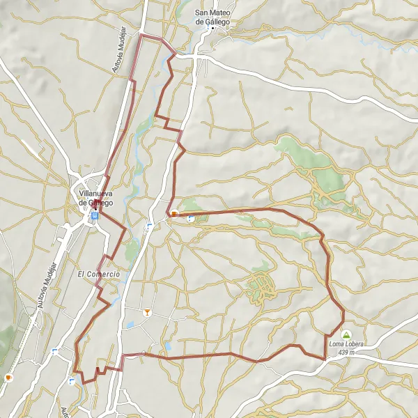 Map miniature of "Peñaflor de Gállego Gravel Loop" cycling inspiration in Aragón, Spain. Generated by Tarmacs.app cycling route planner