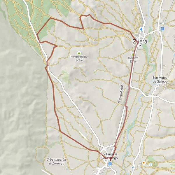 Miniatua del mapa de inspiración ciclista "Ruta de gravilla y naturaleza en los alrededores de Villanueva de Gállego" en Aragón, Spain. Generado por Tarmacs.app planificador de rutas ciclistas