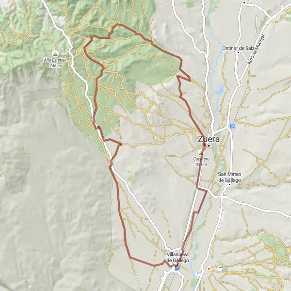 Miniatua del mapa de inspiración ciclista "Aventura en gravilla con increíbles paisajes cerca de Villanueva de Gállego" en Aragón, Spain. Generado por Tarmacs.app planificador de rutas ciclistas