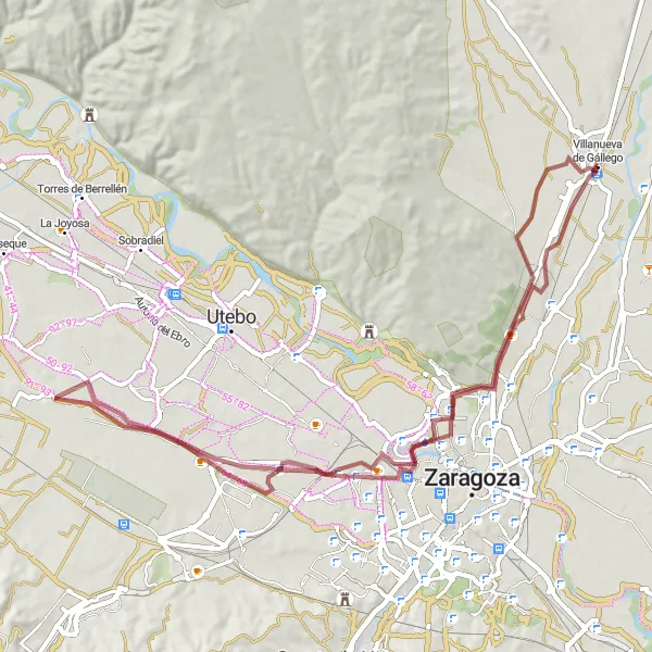 Map miniature of "Gravel Route from Villanueva de Gállego to San Juan de Mozarrifar" cycling inspiration in Aragón, Spain. Generated by Tarmacs.app cycling route planner