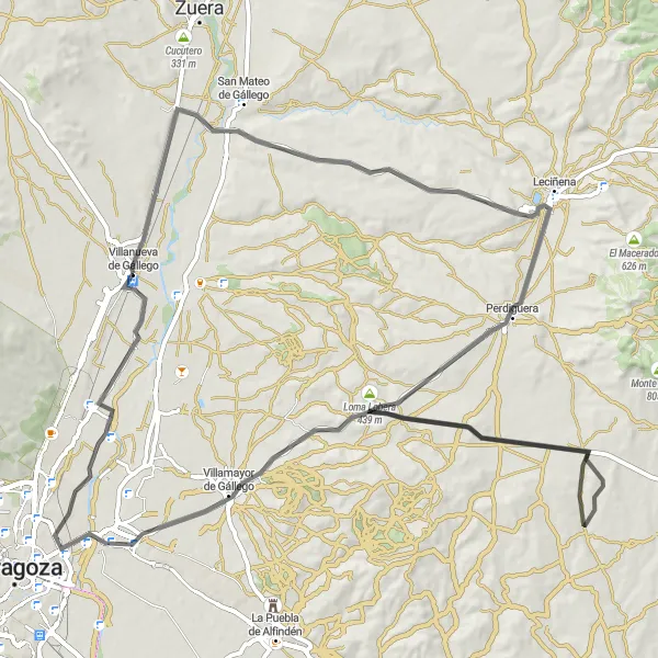 Miniatura della mappa di ispirazione al ciclismo "Road da Villanueva de Gállego a San Juan de Mozarrifar" nella regione di Aragón, Spain. Generata da Tarmacs.app, pianificatore di rotte ciclistiche