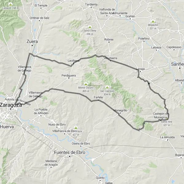 Miniatuurkaart van de fietsinspiratie "Lange route naar Monegrillo" in Aragón, Spain. Gemaakt door de Tarmacs.app fietsrouteplanner