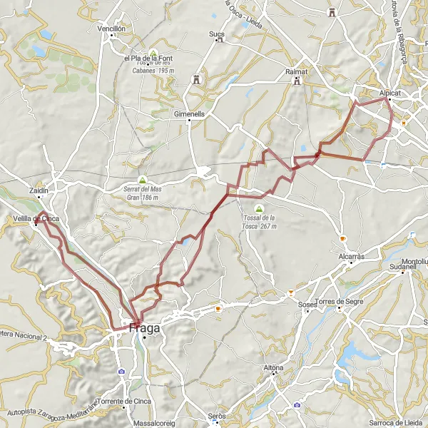 Miniatuurkaart van de fietsinspiratie "Grindpaden rond Zaidín" in Aragón, Spain. Gemaakt door de Tarmacs.app fietsrouteplanner