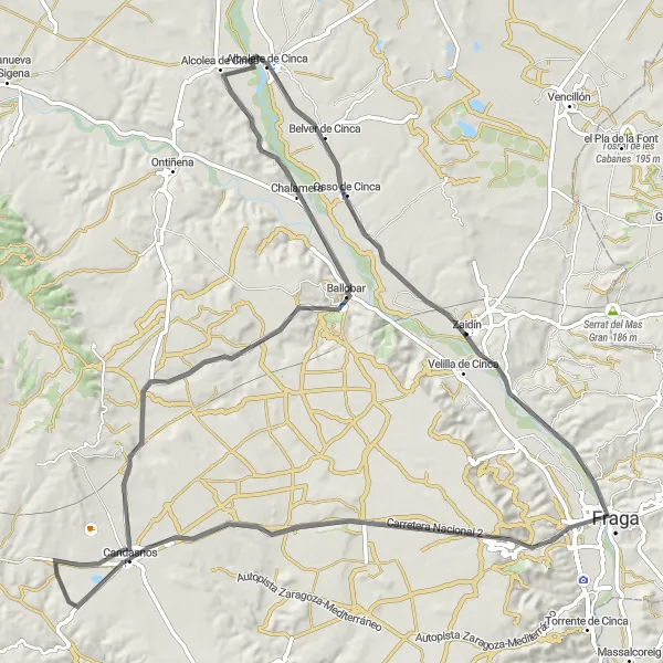 Miniatura della mappa di ispirazione al ciclismo "Giro in bicicletta da Zaidín a Albalate de Cinca" nella regione di Aragón, Spain. Generata da Tarmacs.app, pianificatore di rotte ciclistiche