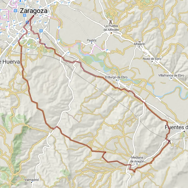 Miniatua del mapa de inspiración ciclista "Ruta de ciclismo de grava hacia El Burgo de Ebro y Rodén" en Aragón, Spain. Generado por Tarmacs.app planificador de rutas ciclistas