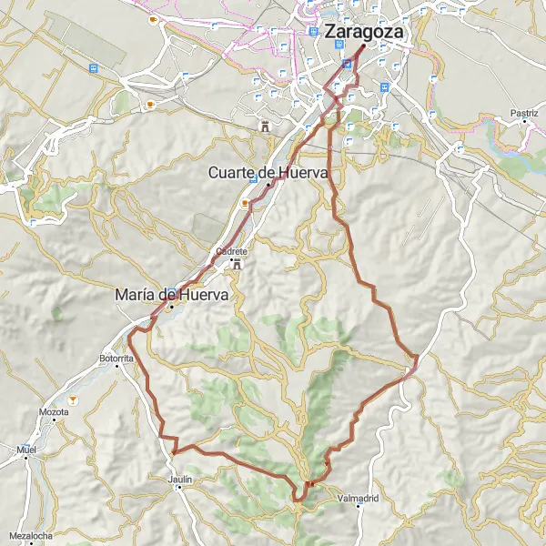 Miniatua del mapa de inspiración ciclista "Ruta de ciclismo de grava hacia Torrecilla de Valmadrid y María de Huerva" en Aragón, Spain. Generado por Tarmacs.app planificador de rutas ciclistas