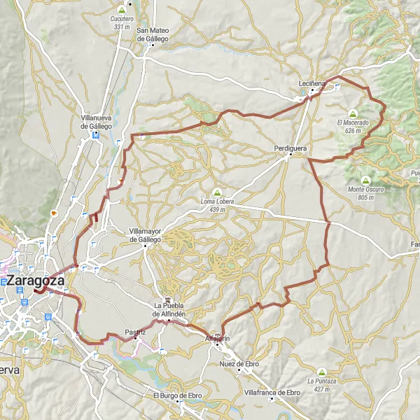 Miniatuurkaart van de fietsinspiratie "Rondrit van Zaragoza naar Peñaflor de Gállego en terug" in Aragón, Spain. Gemaakt door de Tarmacs.app fietsrouteplanner