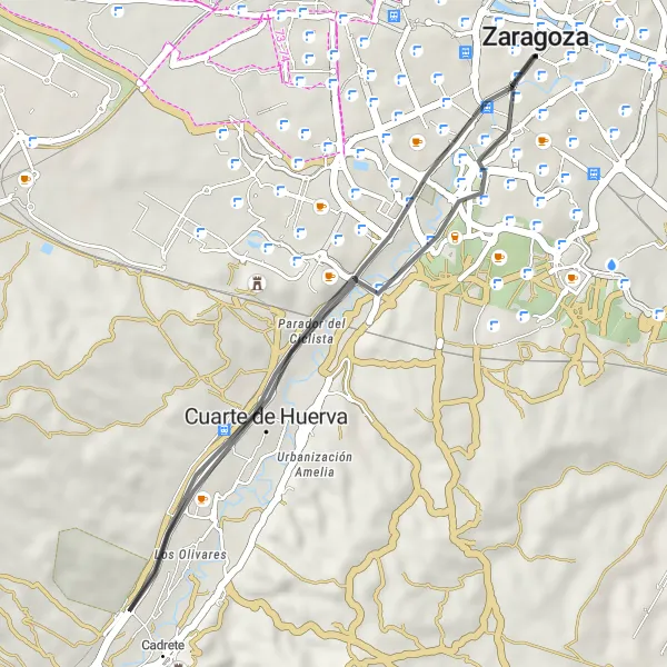 Map miniature of "Short Road Cycling Adventure near Zaragoza" cycling inspiration in Aragón, Spain. Generated by Tarmacs.app cycling route planner