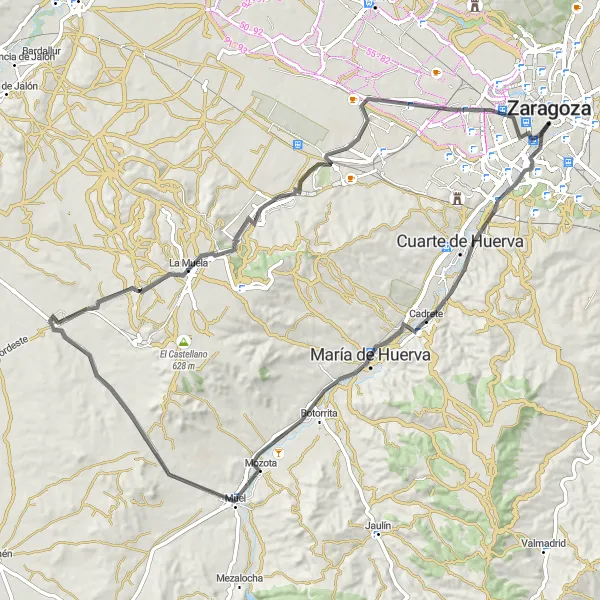 Map miniature of "Challenging Road Adventure to Zaragoza's Surroundings" cycling inspiration in Aragón, Spain. Generated by Tarmacs.app cycling route planner