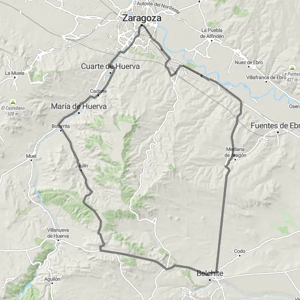 Karten-Miniaturansicht der Radinspiration "Rundfahrroute von Zaragoza nach Belchite" in Aragón, Spain. Erstellt vom Tarmacs.app-Routenplaner für Radtouren