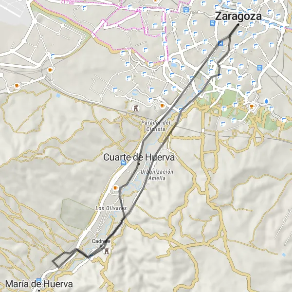 Miniatuurkaart van de fietsinspiratie "Rondrit vanuit Zaragoza: Plana de Torrero" in Aragón, Spain. Gemaakt door de Tarmacs.app fietsrouteplanner