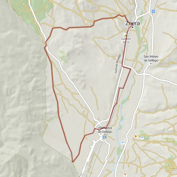 Map miniature of "Zuera - Cucutero - Villanueva de Gállego - Hermenegildos" cycling inspiration in Aragón, Spain. Generated by Tarmacs.app cycling route planner