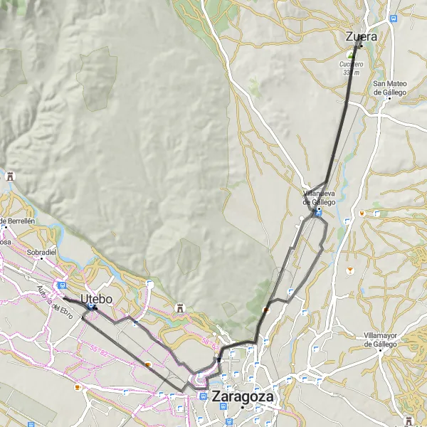 Map miniature of "Zuera - Cucutero - Juslibol - Monzalbarba - Reloj de Sol - San Juan de Mozarrifar - Villanueva de Gállego" cycling inspiration in Aragón, Spain. Generated by Tarmacs.app cycling route planner