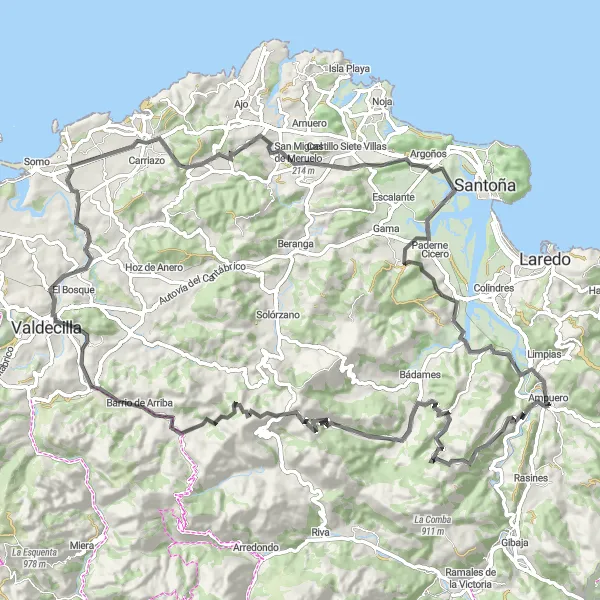 Miniatura della mappa di ispirazione al ciclismo "Avventura su strada nei dintorni di Ampuero" nella regione di Cantabria, Spain. Generata da Tarmacs.app, pianificatore di rotte ciclistiche